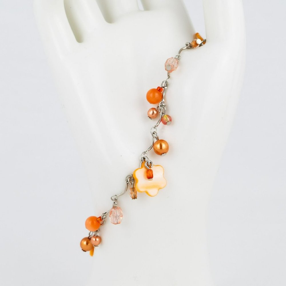 Orange Silver Tone Anklet Large Bracelet Flower Beaded Extender Shell Faux Pearl